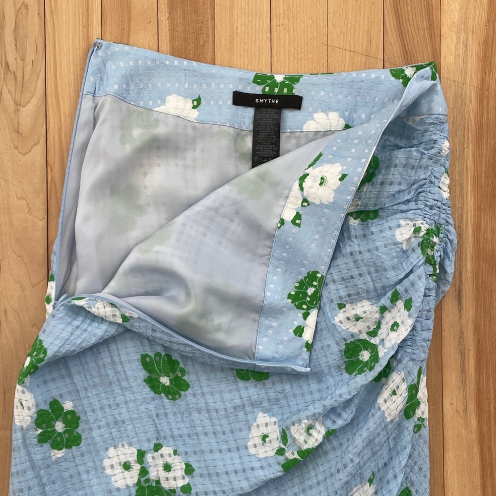 Smythe Mid-Rise Fitted Asymmetrical Ruched Flower Print Midi Skirt - Sz 0 (25) - Picture 8 of 15